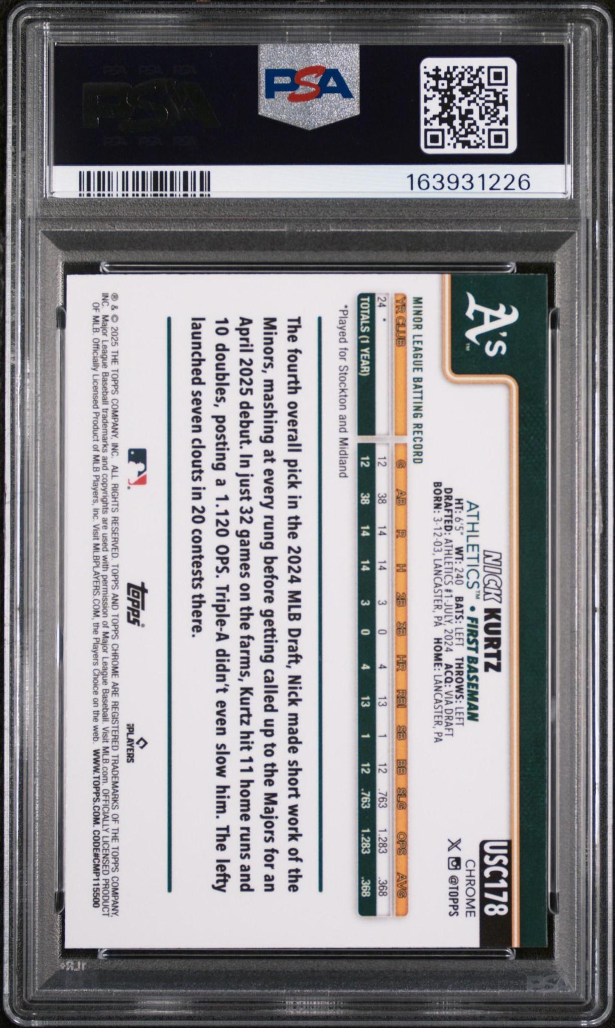 2025 TOPPS CHROME UPDATE 178 NICK KURTZ X-FRACTOR PSA 10
