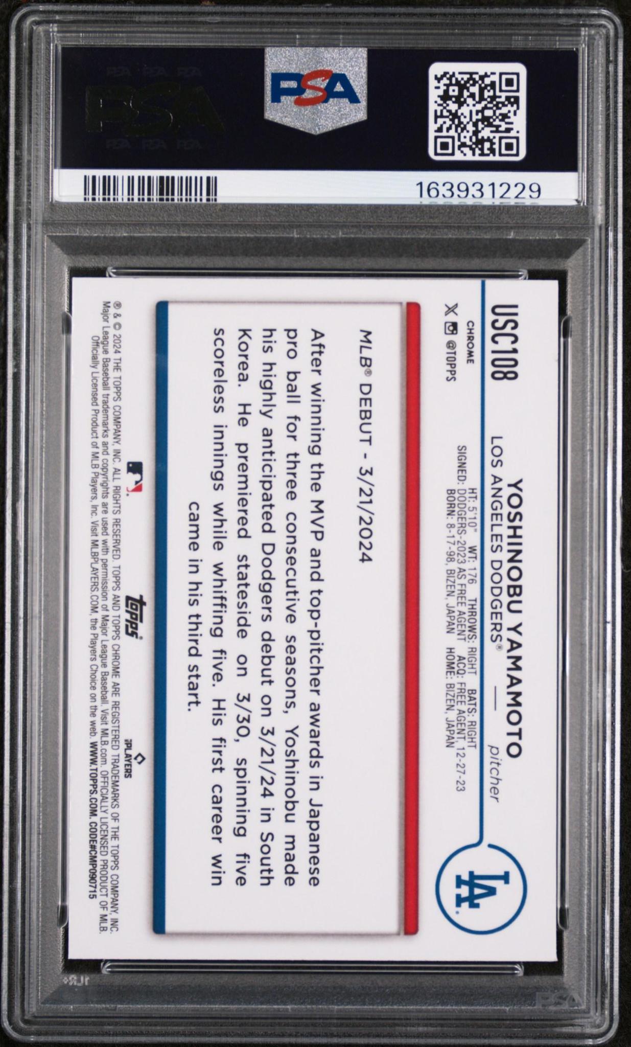 2024 TOPPS CHROME UPDATE USC108 YOSHINOBU YAMAMOTO PSA 10