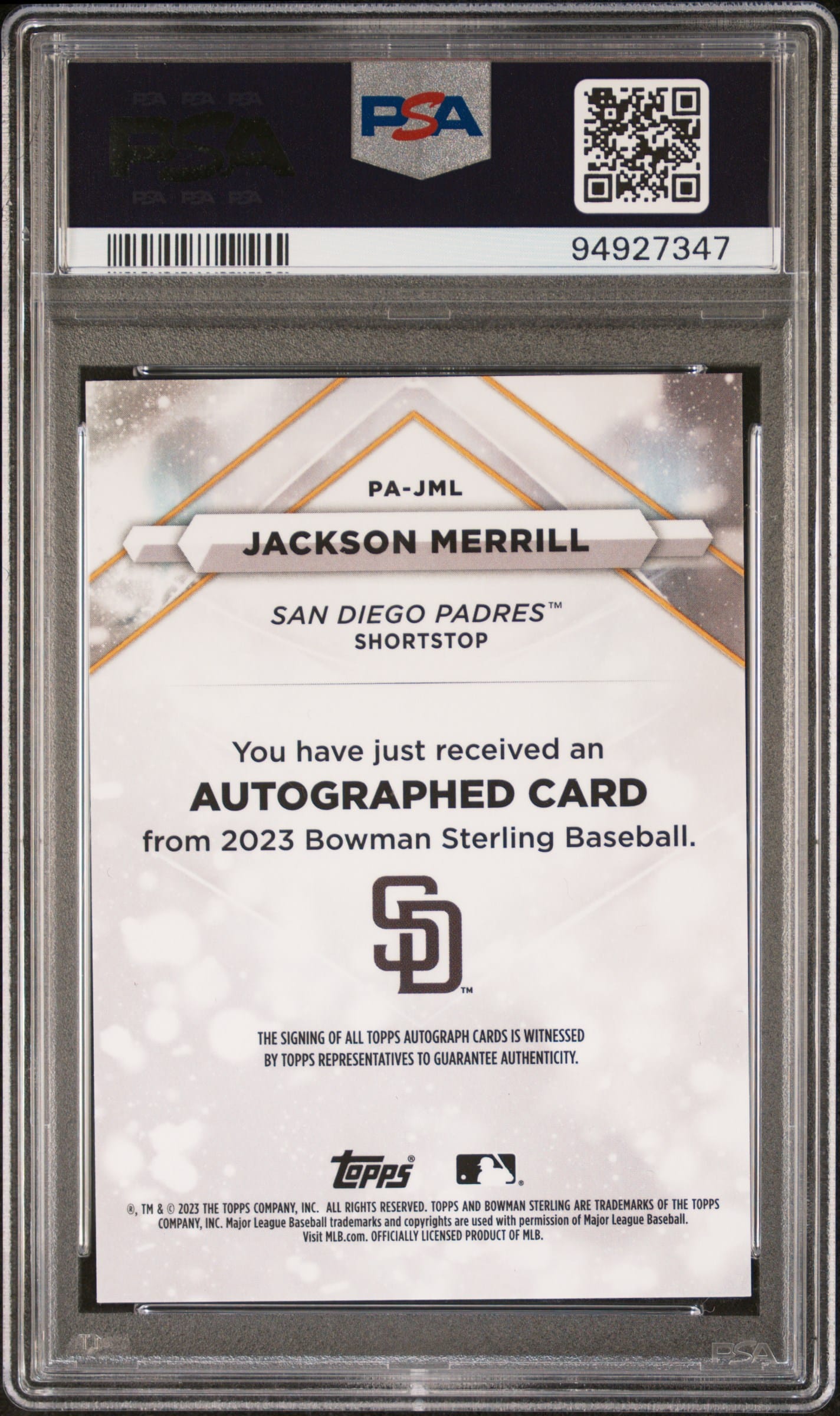 2023 Bowman Sterling Jackson Merrill #PS-JML Autograph Speckle /99 PSA 10 Auto 10