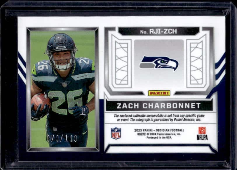 2023 Panini Obsidian Zach Charbonnet #RJI-ZCH Rookie Patch Autograph /199