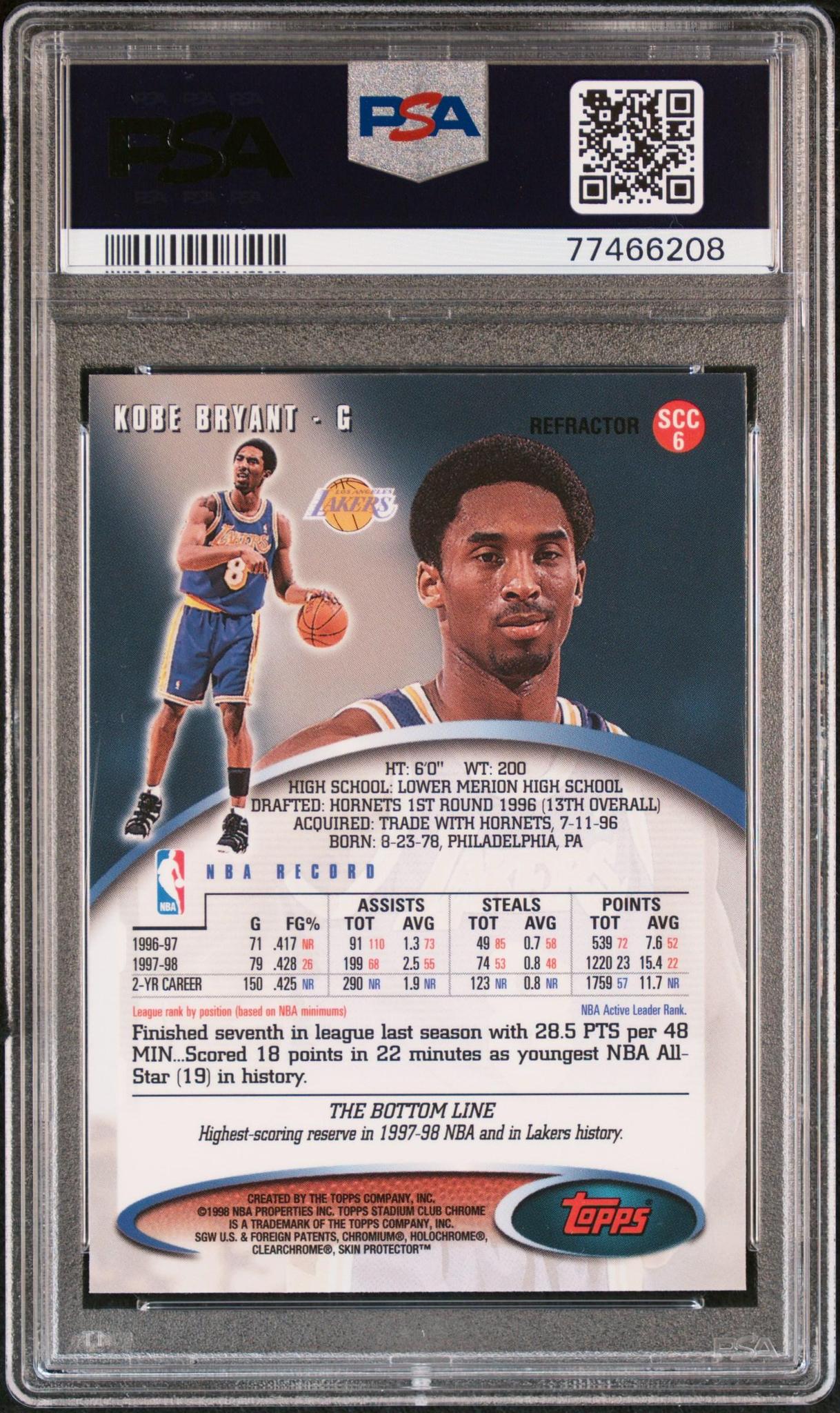 1998 STADIUM CLUB CHROME 6 KOBE BRYANT REFRACTOR PSA 10