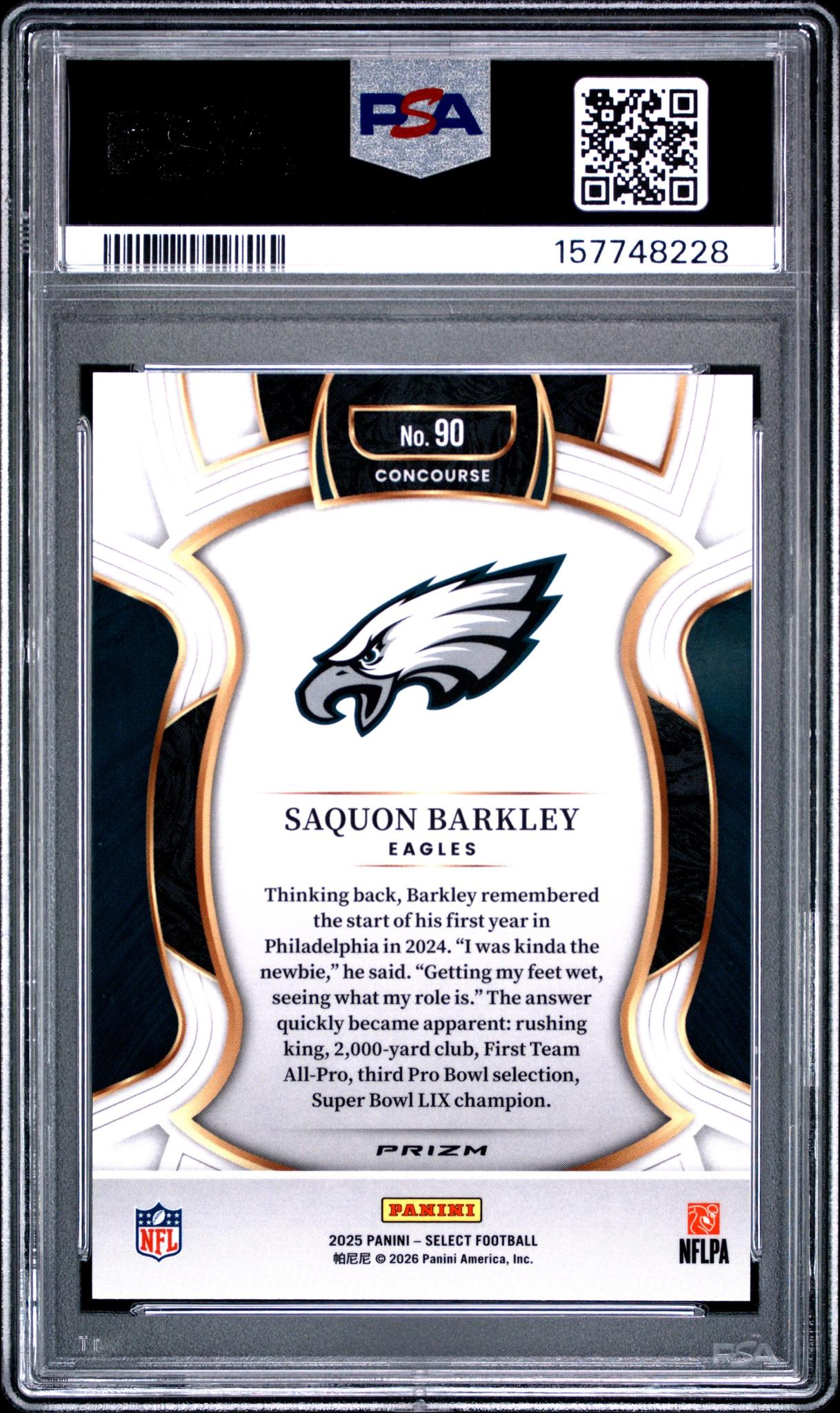 2025 PANINI SELECT 90 SAQUON BARKLEY ZEBRA SHOCK PSA 10