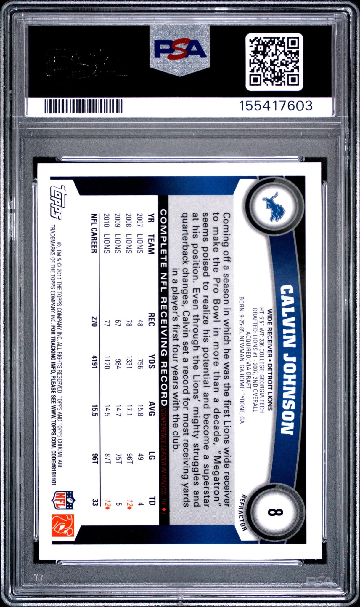 2011 TOPPS CHROME 8 CALVIN JOHNSON XFRACTOR PSA 10