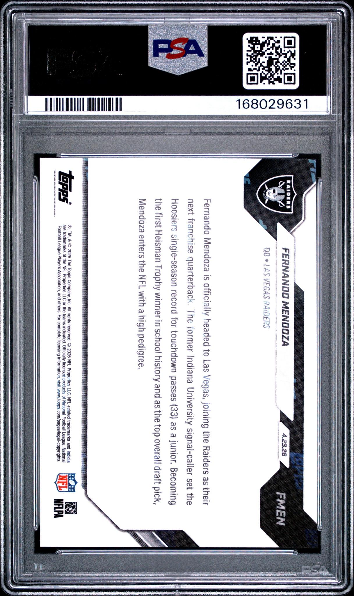 2026 TOPPS NOW #FMEN - FERNANDO MENDOZA PSA 10