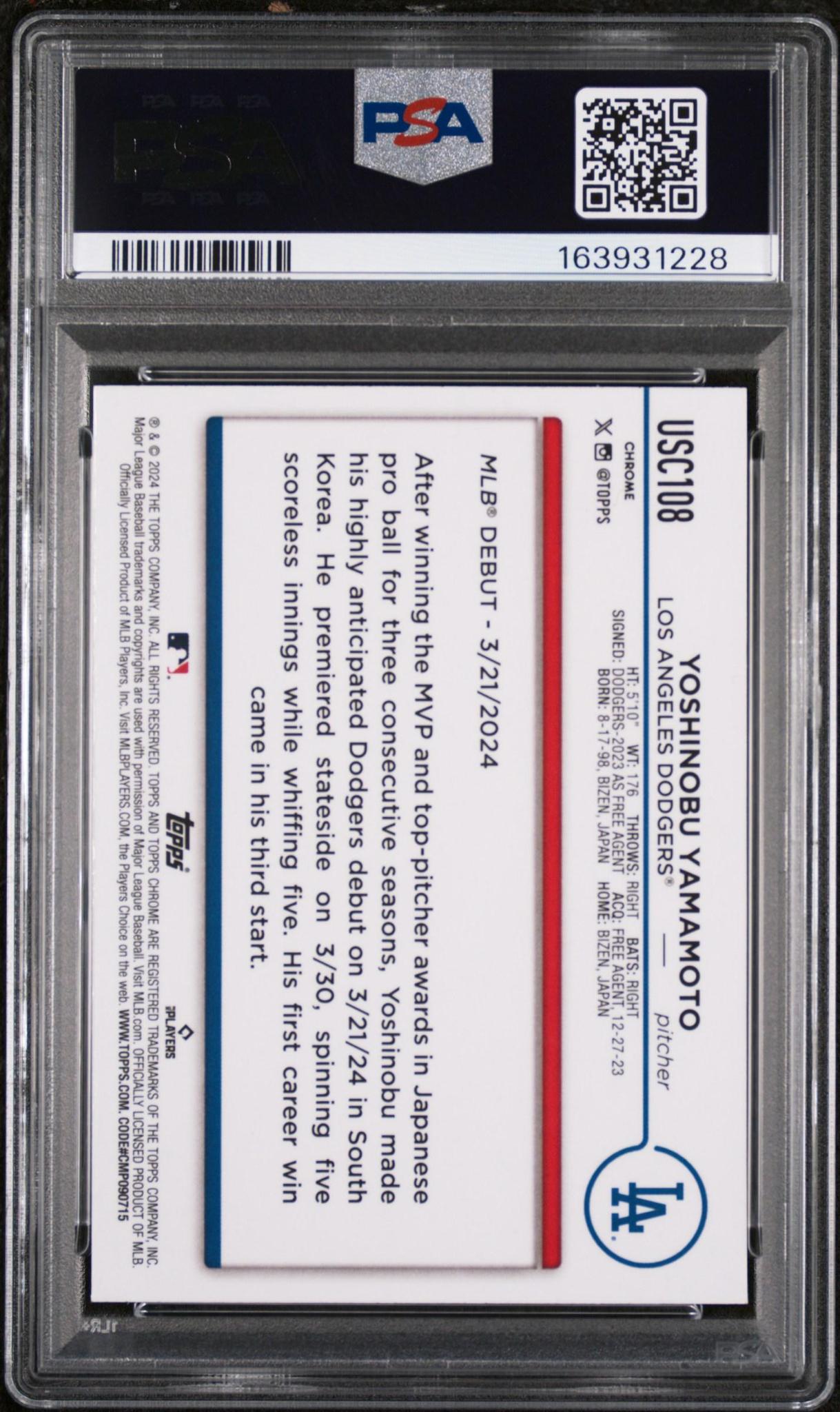 2024 TOPPS CHROME UPDATE #USC108 YOSHINOBU YAMAMOTO PSA 10