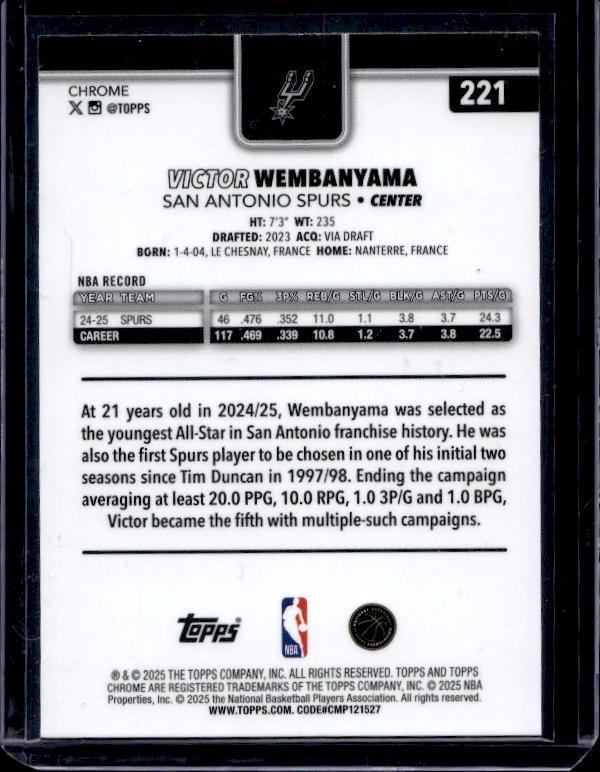 2025-26 Topps Chrome #221 Victor Wembanyama Magenta Refractor #/399