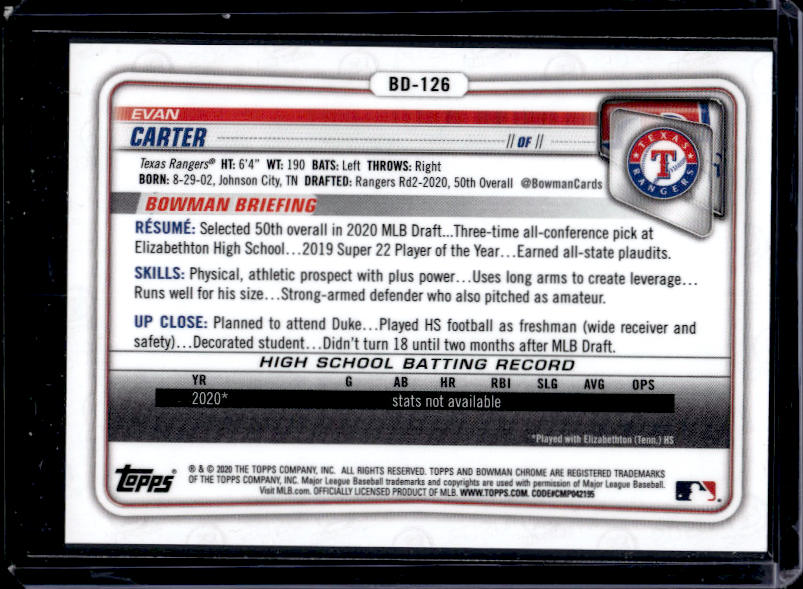 2020 Bowman Draft Evan Carter #BD-126 Blue Refractor 1st /150
