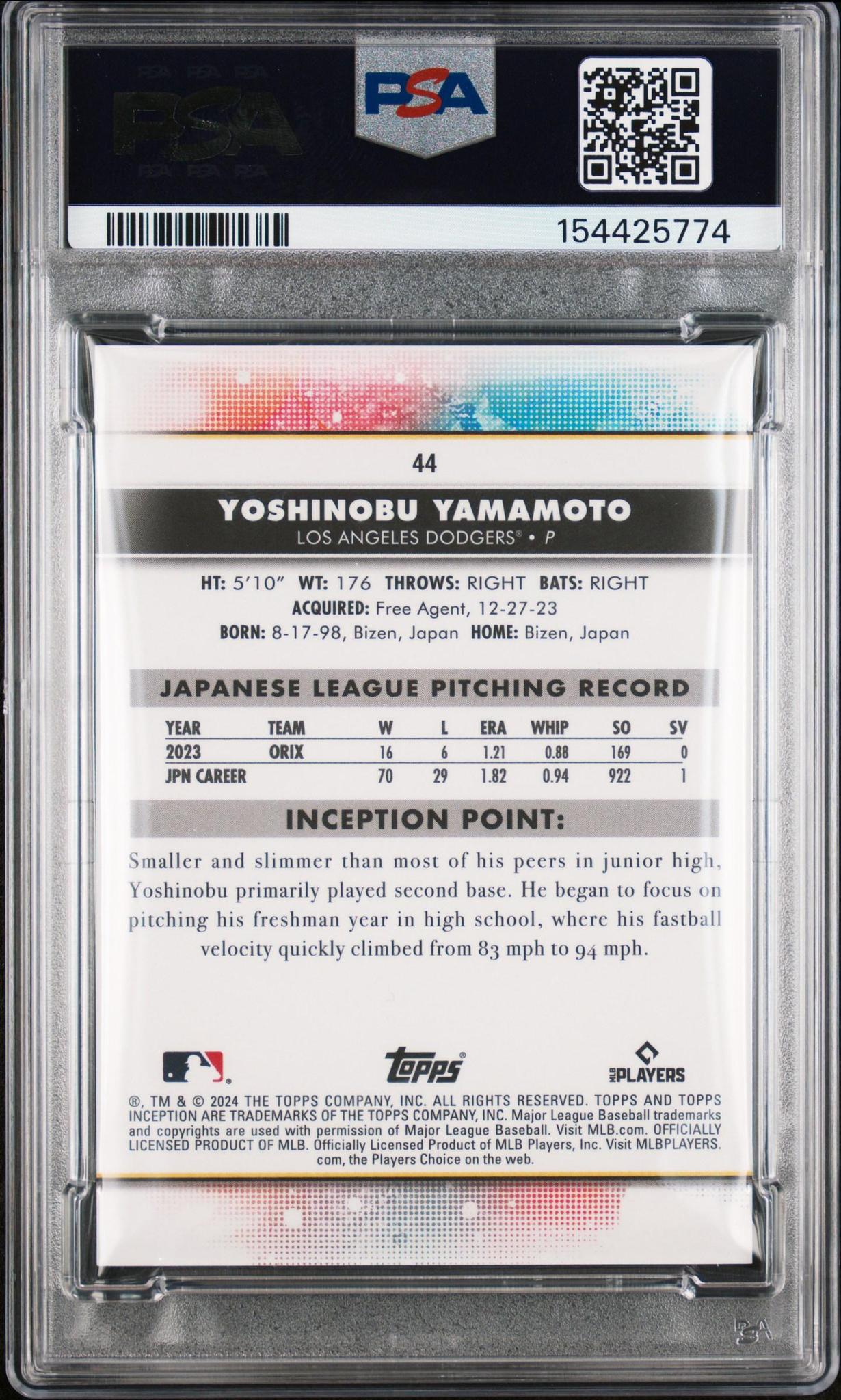 2024 Topps Inception 44 Yoshinobu Yamamoto Green PSA 10