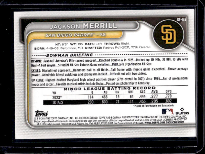 2024 Bowman Chrome Jackson Merrill #BP-145 Lime green /15