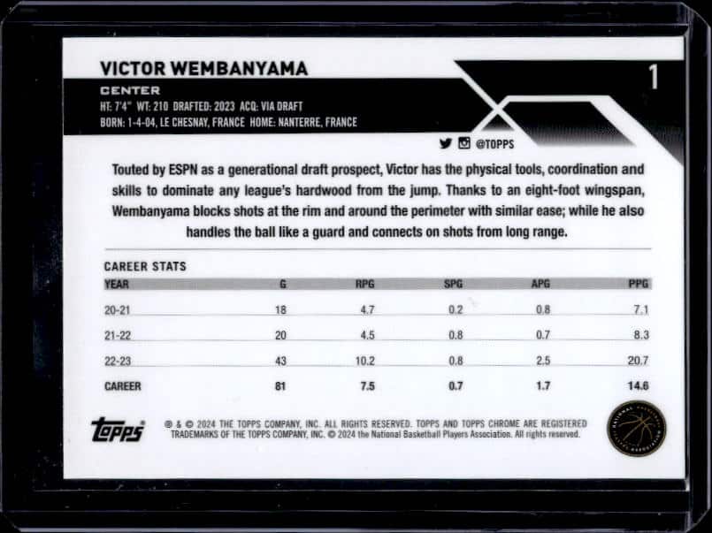 2023/24 Topps Chrome Victor Wembanyama #1 Orange Refractor