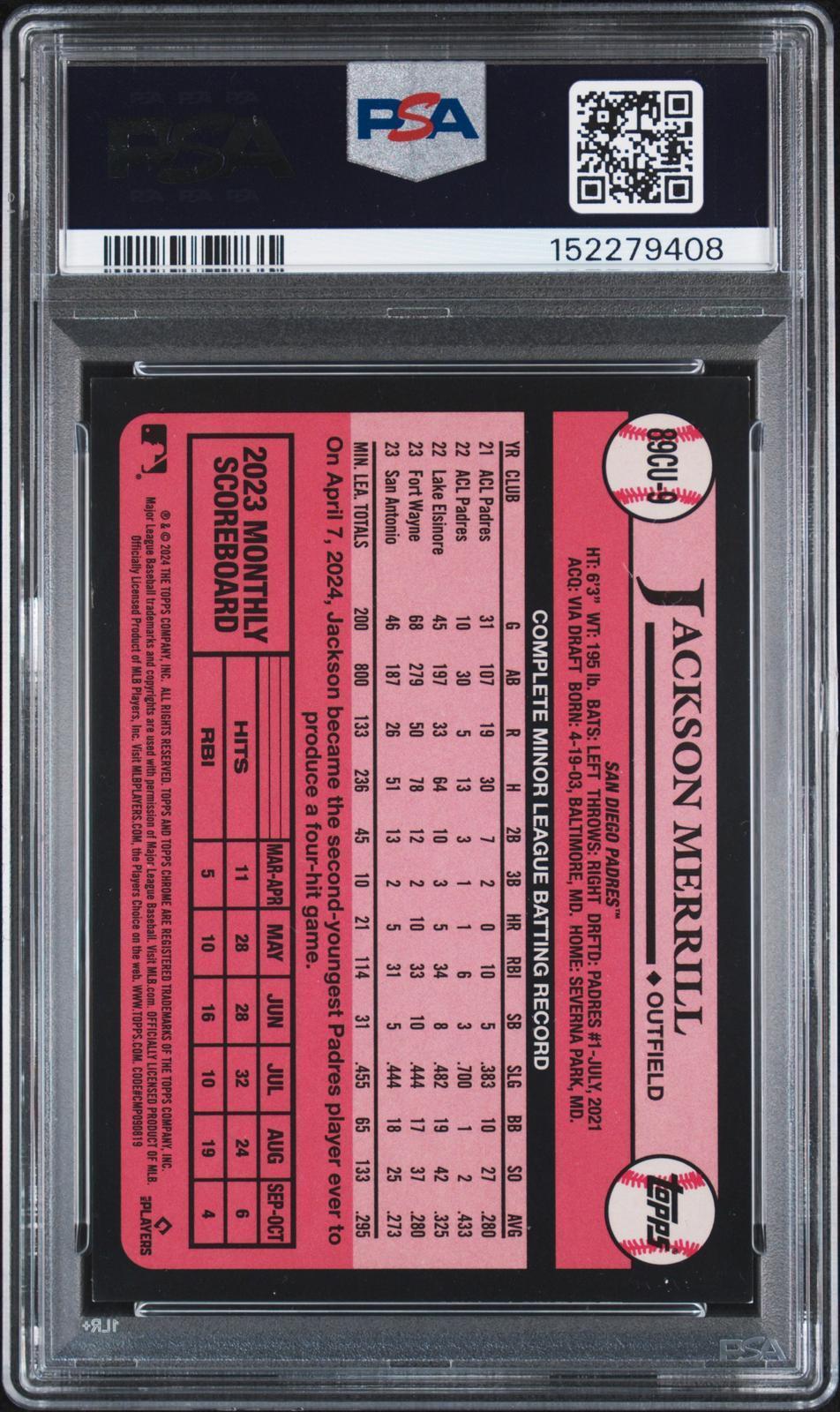 2024 Topps Chrome Update 1989 Topps Baseball #9 Jackson Merrill 1989 Baseball-Black Ref PSA Authentic
