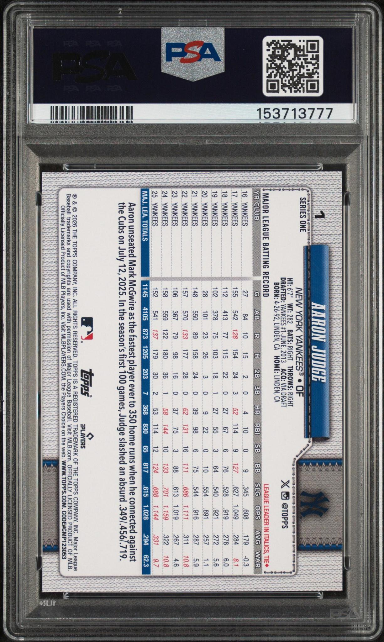 2026 Topps 1 Aaron Judge PSA 10