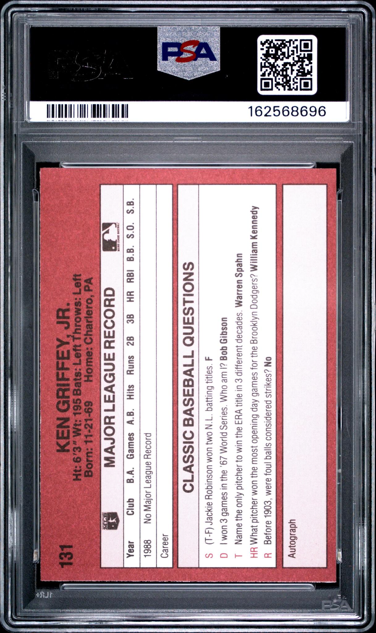 1989 CLASSIC TRAVEL UPDATE I 131 KEN GRIFFEY JR. PSA 10