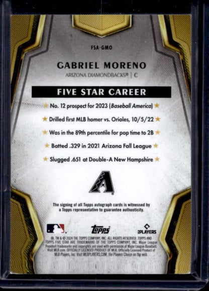 2024 Topps Five Star Gabriel Moreno #FSA-GMO Autograph Purple /50