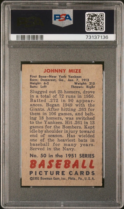 1951 BOWMAN #50 JOHNNY MIZE PSA 6