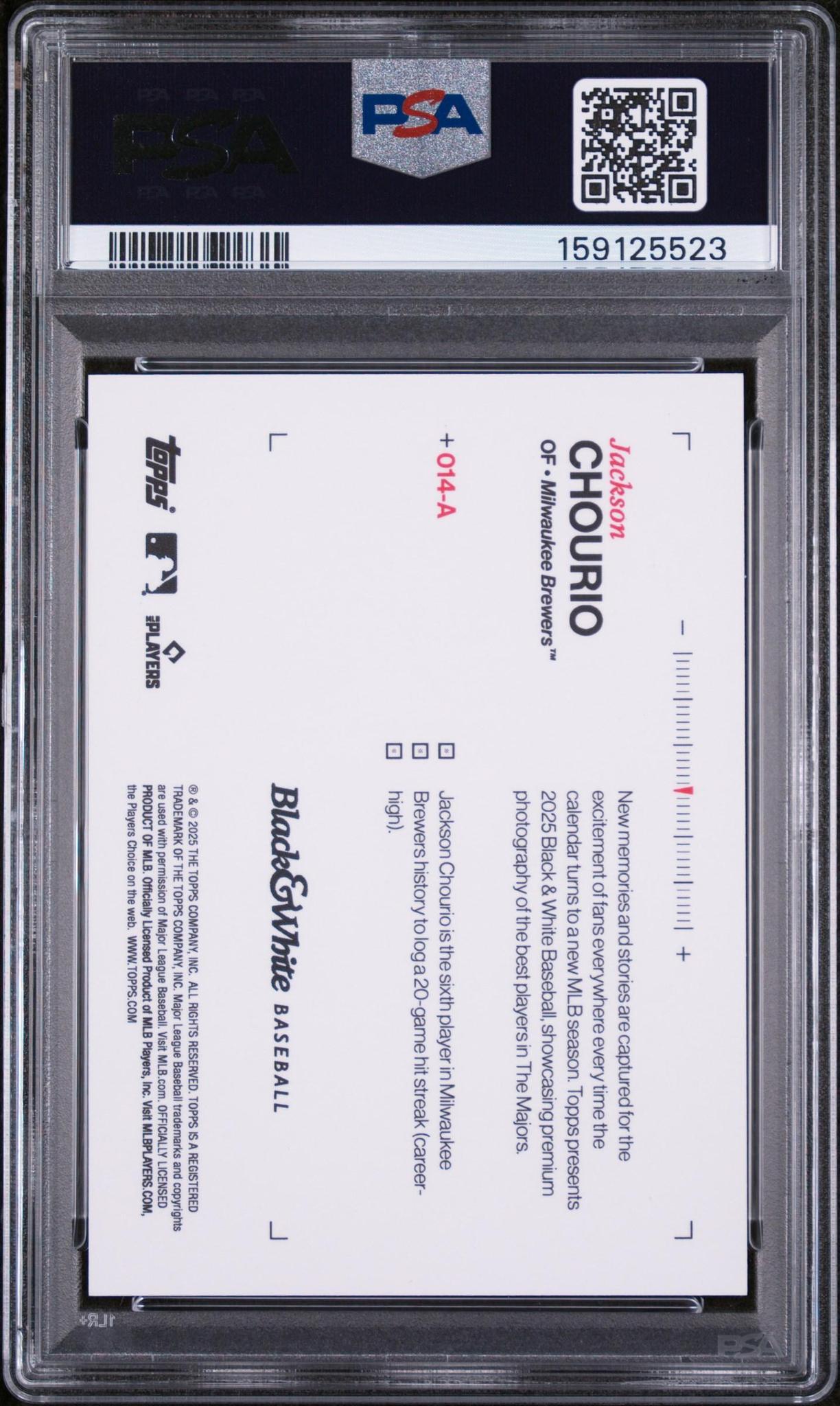 2025 TOPPS BLACK AND WHITE 14-A JACKSON CHOURIO AUTOGRAPH-YELLOW PSA 10