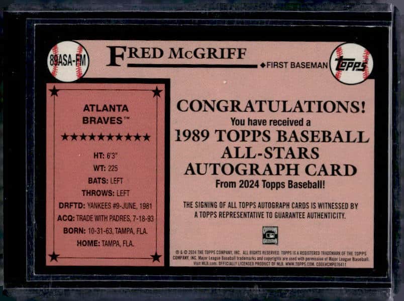 2024 Topps Fred McGriff #89ASA-FM Autograph Red /10