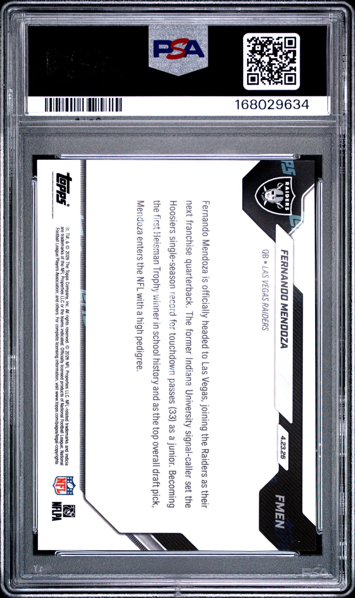 2026 TOPPS NOW #FMEN FERNANDO MENDOZA ROOKIE PSA 10