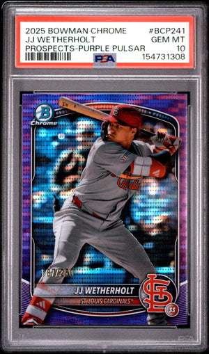 2025 BOWMAN CHROME PROSPECTS BCP241 JJ WETHERHOLT PURPLE PULSAR PSA 10