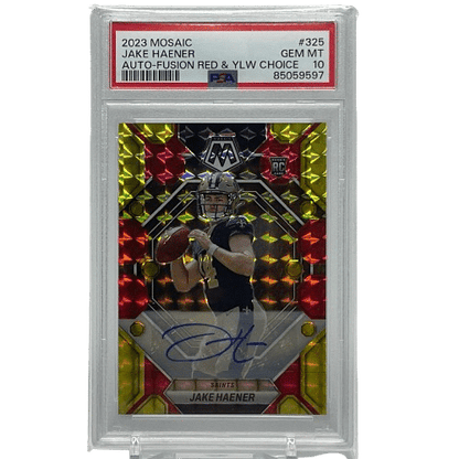 2023 Panini Mosaic Jake Haener #325 Rookie Autograph Red & Yellow Choice PSA 10