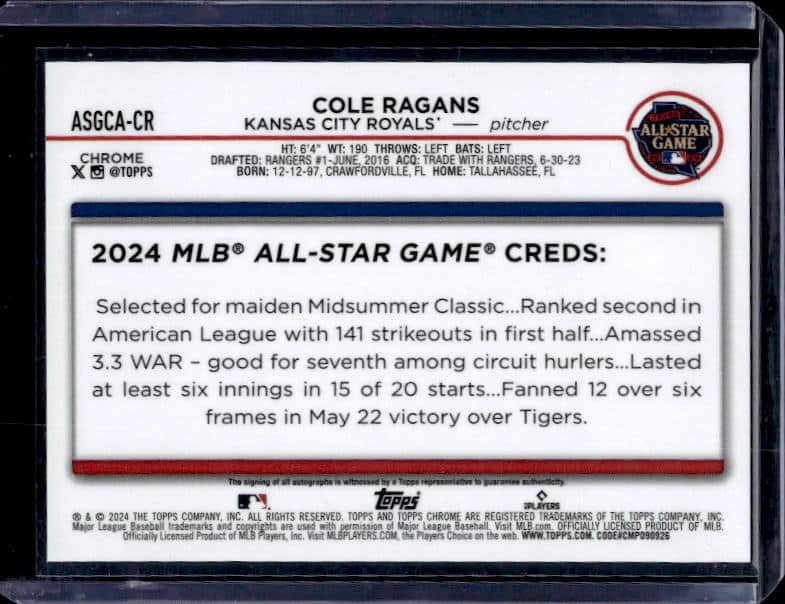 2024 Topps Chrome Cole Ragans #ASGCA-CR Autograph X-Fractor /125