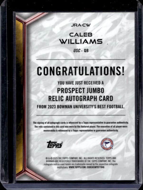 2023 Bowman's Best University Caleb Williams #JRA-CW Patch Autograph