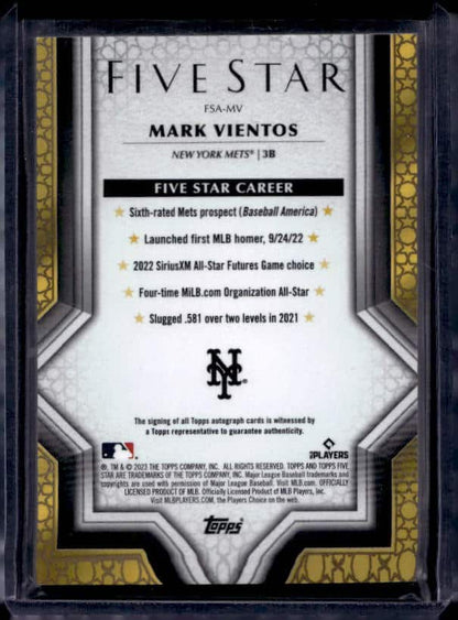 2023 Topps Five Star Mark Vientos #FSA-MV Rookie Autograph