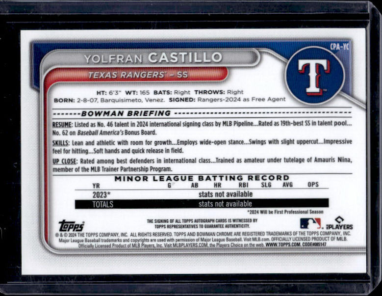 2024 Bowman Chrome Yolfran Castillo #CPA-YC Autograph Reptillian Green /99