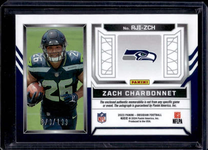2023 Panini Obsidian Zach Charbonnet #RJI-ZCH Rookie Patch Autograph /199