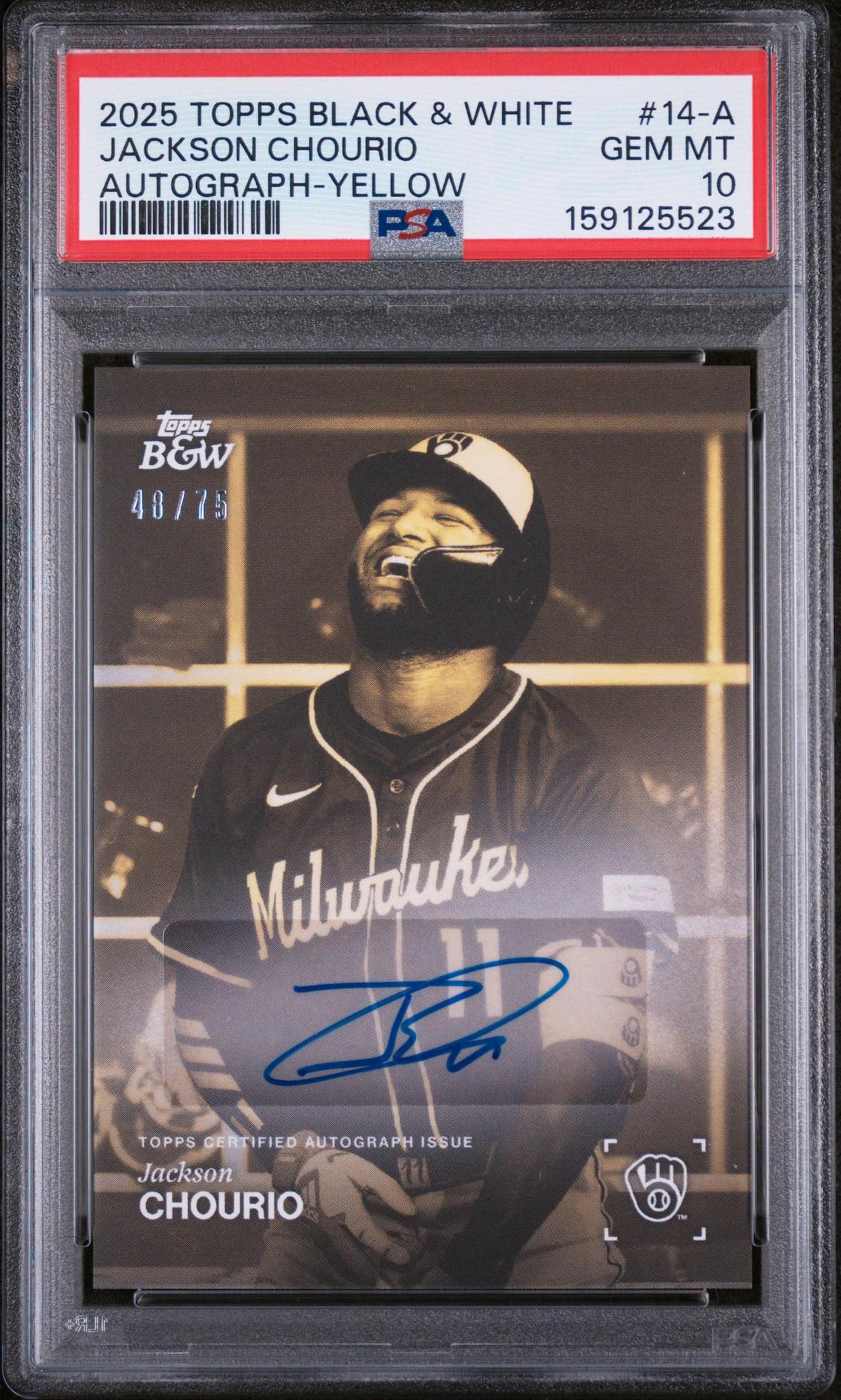 2025 TOPPS BLACK AND WHITE 14-A JACKSON CHOURIO AUTOGRAPH-YELLOW PSA 10