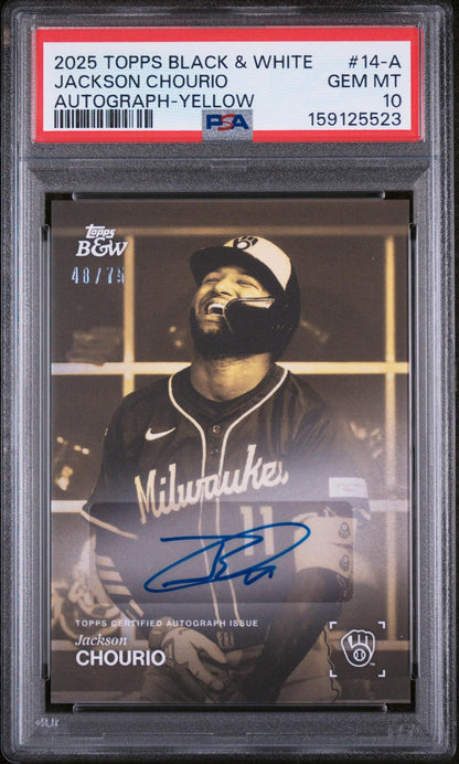 2025 TOPPS BLACK AND WHITE 14-A JACKSON CHOURIO AUTOGRAPH-YELLOW PSA 10