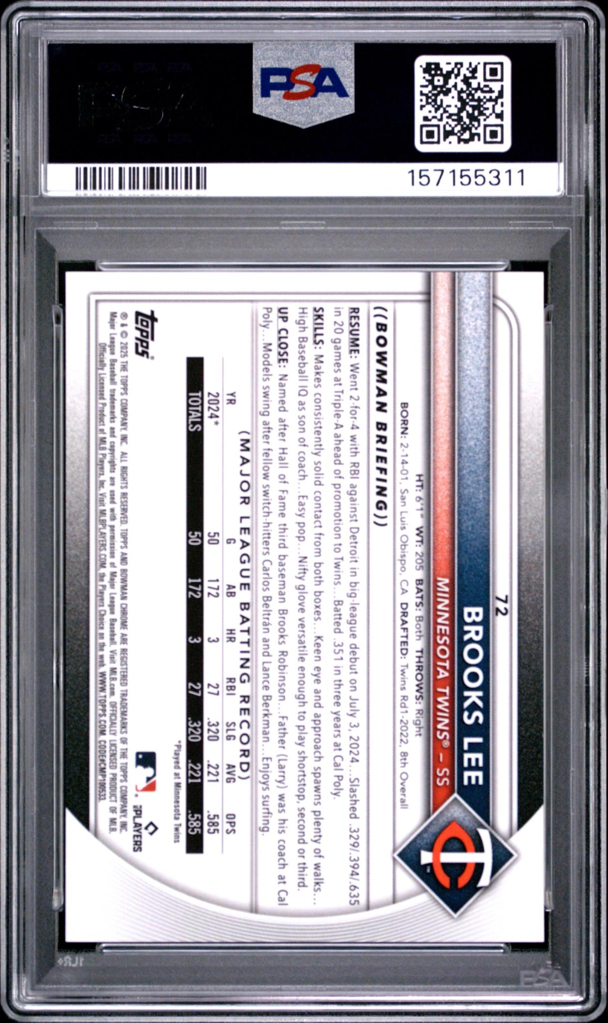 2025 BOWMAN 72 BROOKS LEE ETCHED IN GLASS VARIATION PSA 10