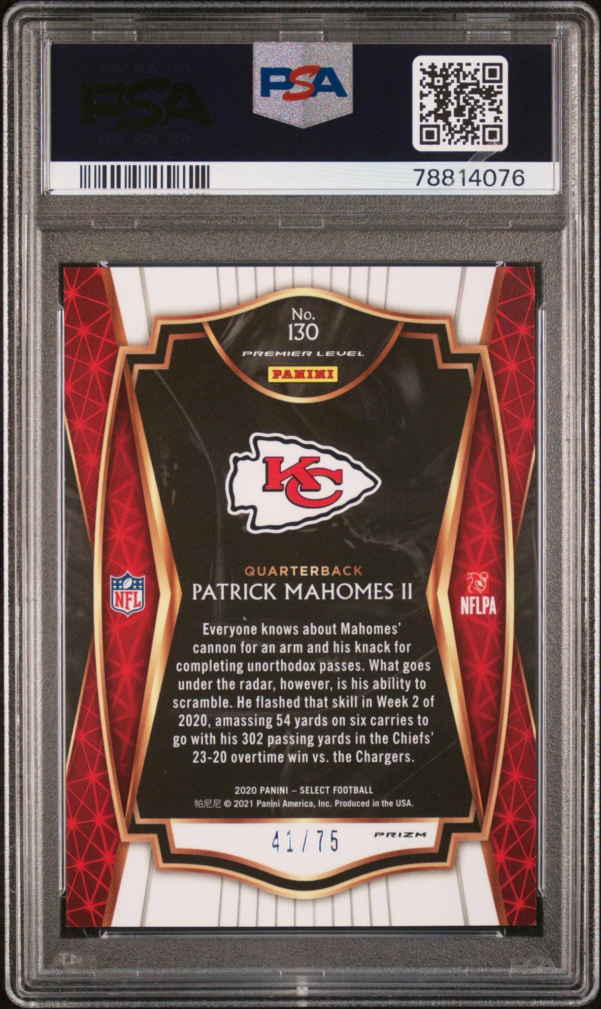 2020 Panini Select Patrick Mahomes II #130 Purple Prizm /75 PSA 10