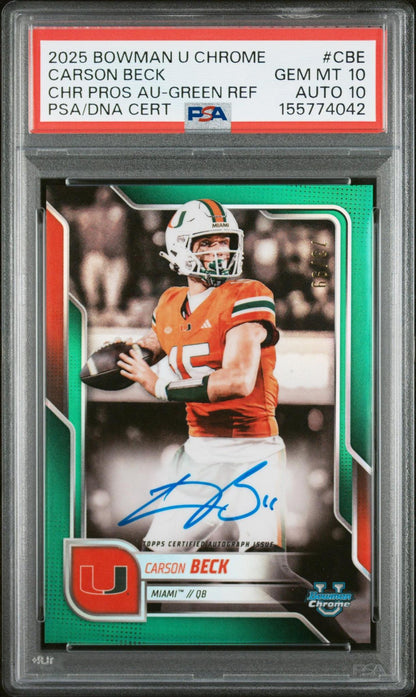 2025 BOWMAN UNIVERSITY CHROME BOWMAN CHROME PROSPECT AUTOGRAPHS CBE CARSON BECK GREEN REFRACTOR PSA 10