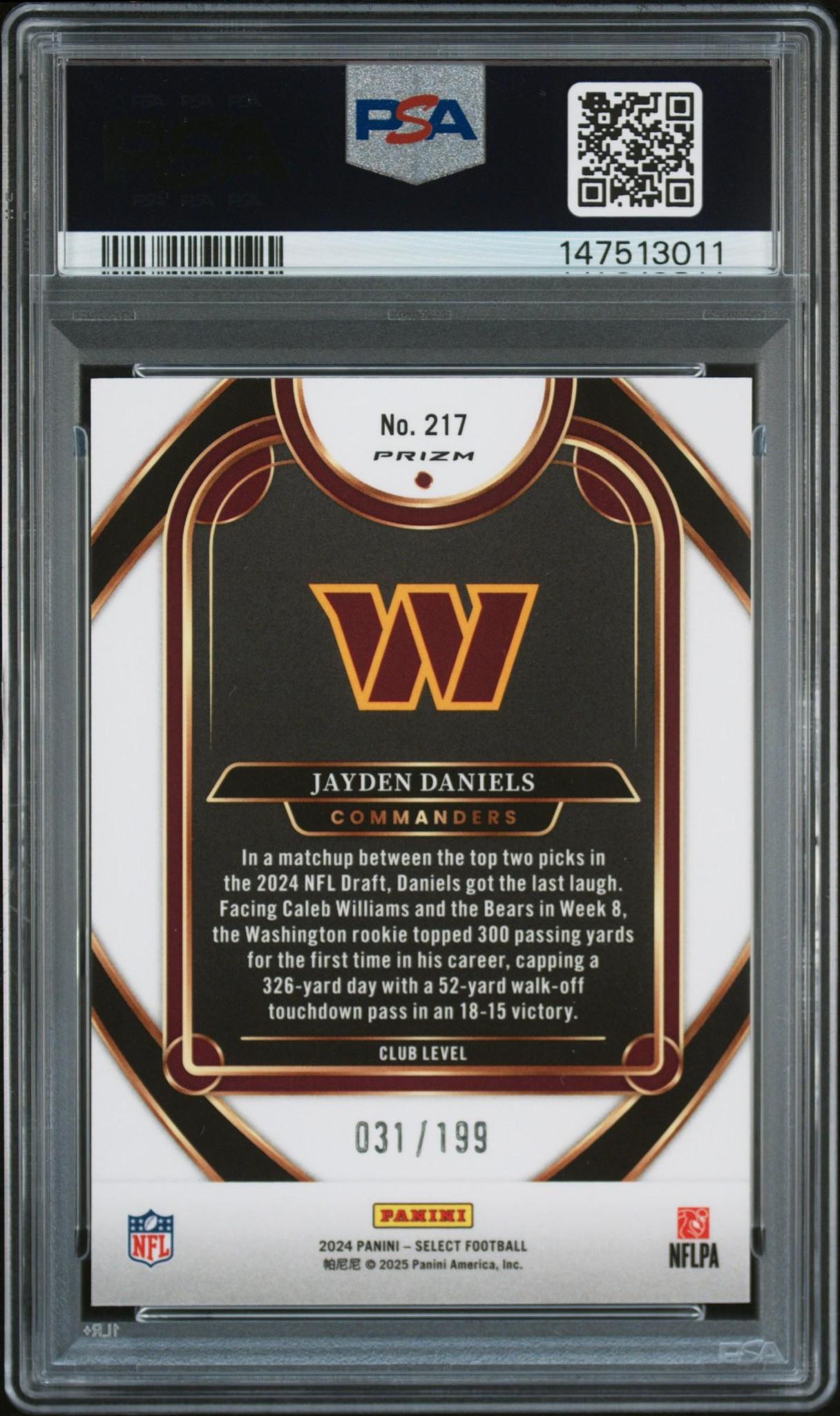 2024 PANINI SELECT 217 JAYDEN DANIELS WHITE SHOCK PSA 10