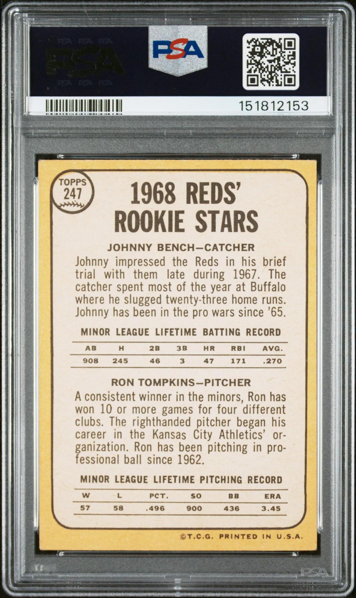 1968 TOPPS 247 REDS ROOKIES JOHNNY BENCH/RON TOMPKINS PSA 4