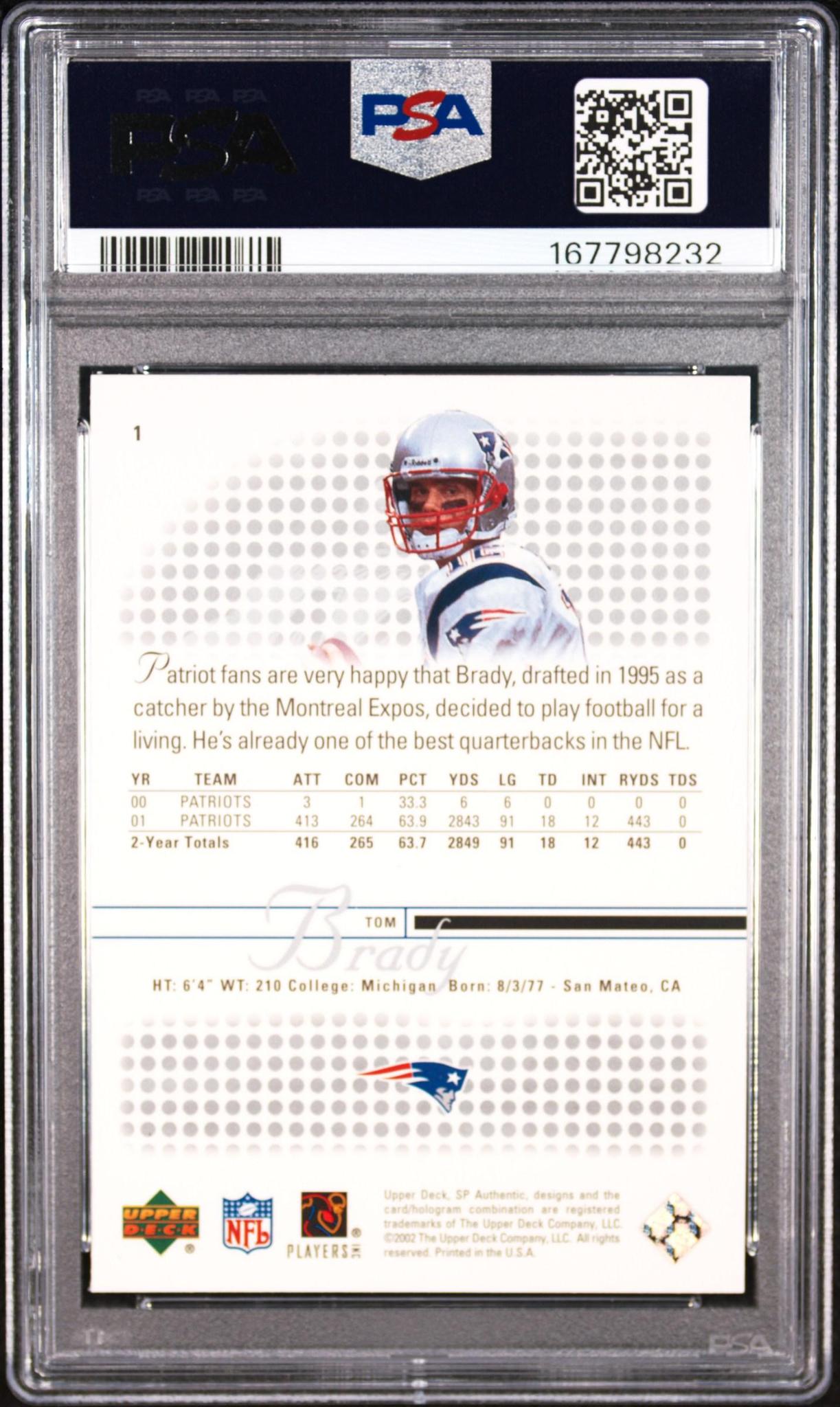 2002 SP AUTHENTIC 1 TOM BRADY PSA 10