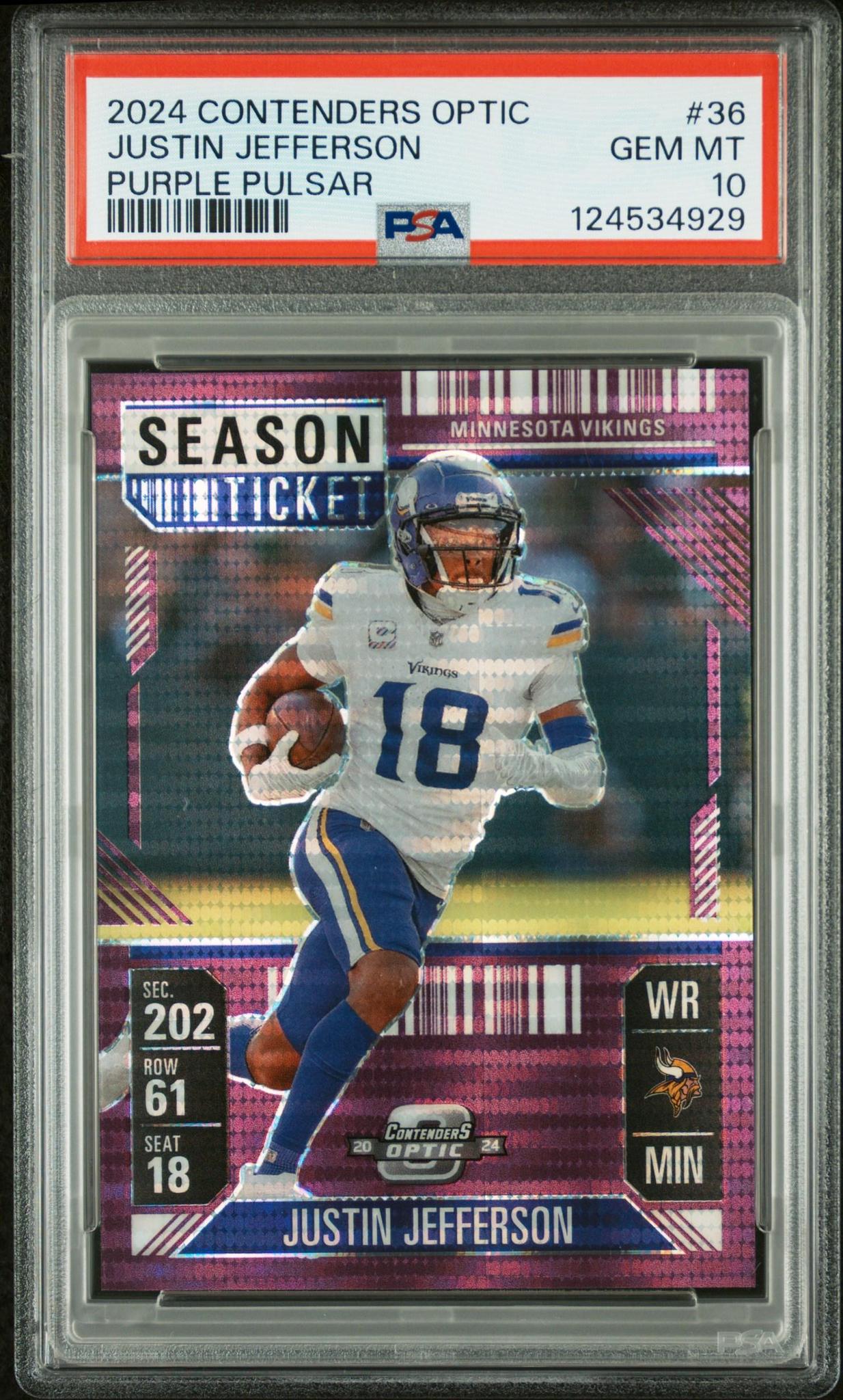 2024 PANINI CONTENDERS OPTIC 36 JUSTIN JEFFERSON PURPLE PULSAR PSA 10