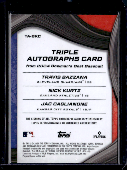 2024 Bowman's Best #TA-BKC Travis Bazzana / Jac Caglianone / Nick Kurtz Triple Autographs Gold Refractors #/50