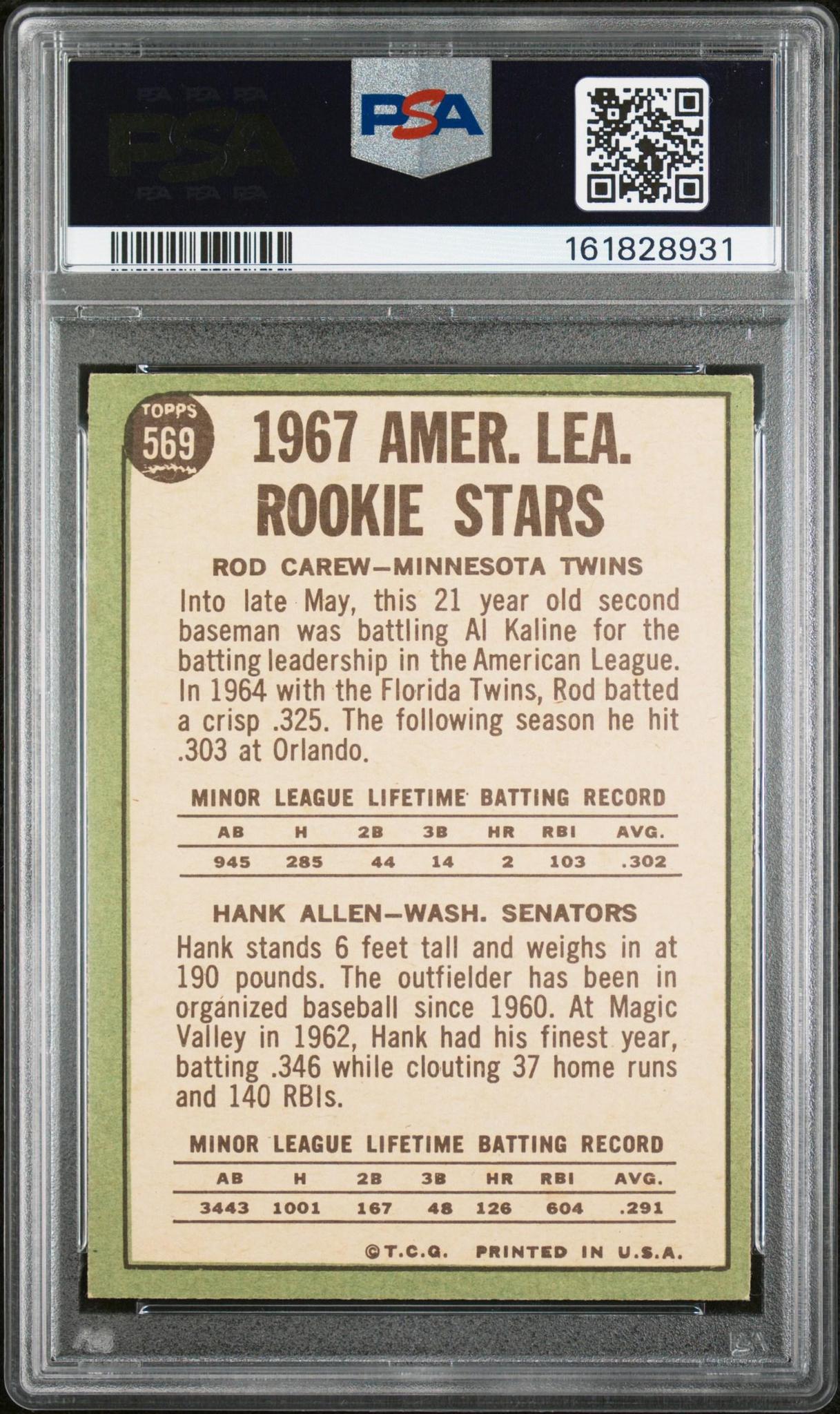 1967 TOPPS 569 A.L. ROOKIES ROD CAREW/HANK ALLEN PSA 5