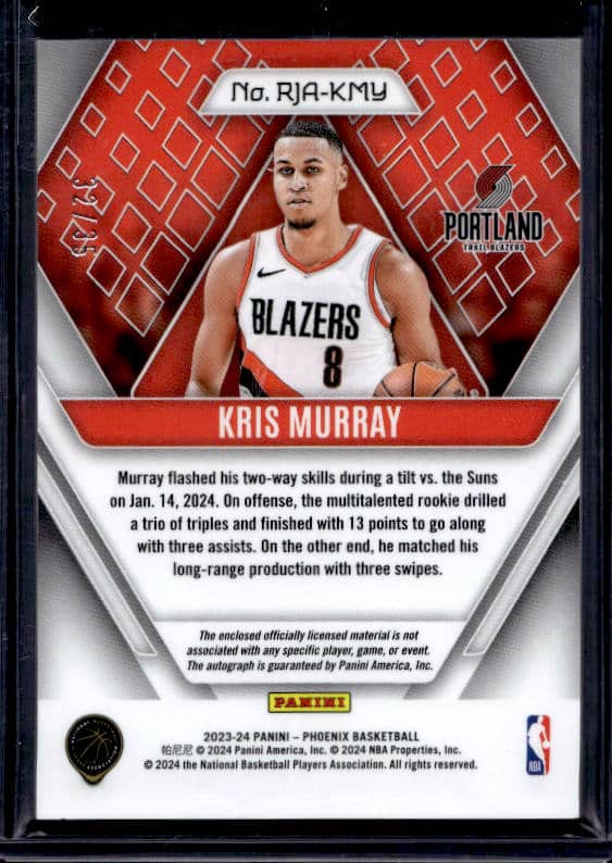 2023/24 Panini Phoenix Kris Murray #RJA-KMY Rookie Patch Autograph /35