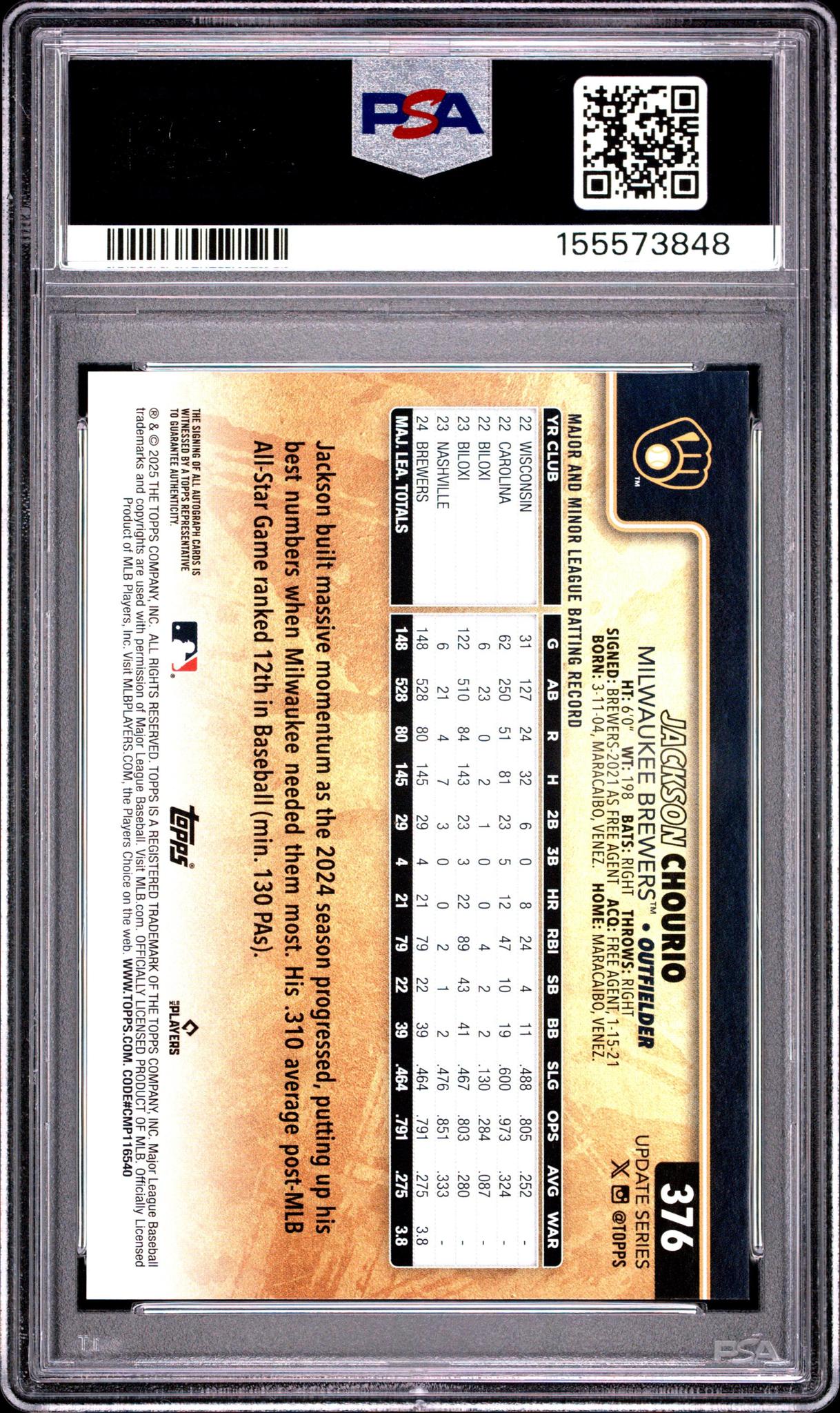 2025 Topps Update #376 Jackson Chourio Golden Mirror-Autograph PSA 9