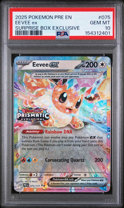 2025 Pokemon Pre En-prismatic Evolutions: 075 Eevee Ex Surprise Box Exclusive PSA 10