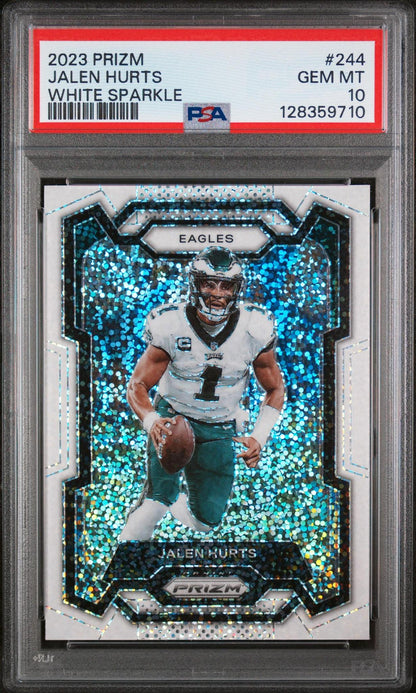 2023 PANINI PRIZM 244 JALEN HURTS WHITE SPARKLE PSA 10