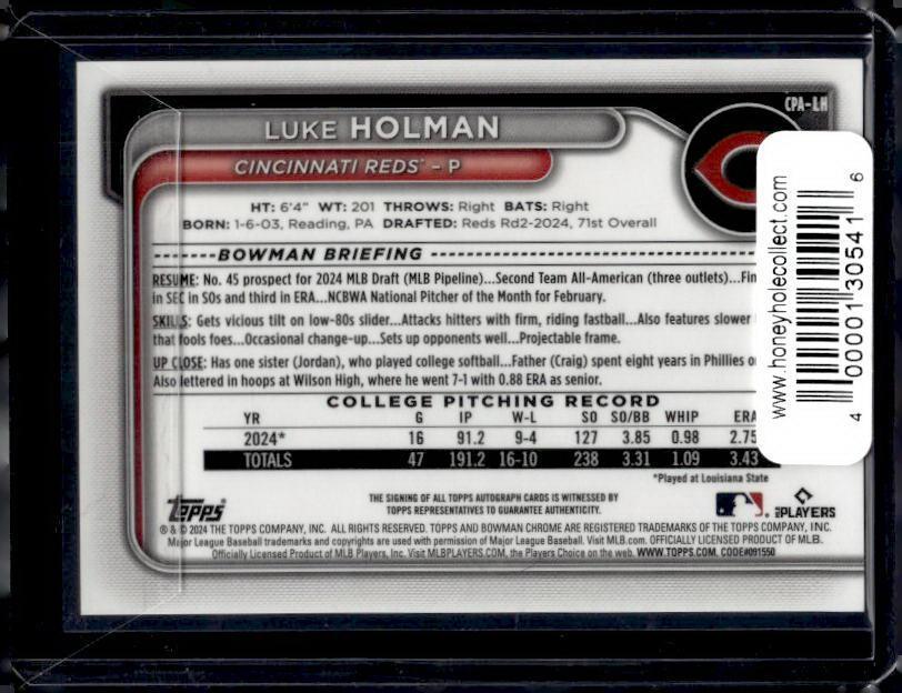 2025 Bowman Chrome Luke Holman #lh Autograph 50/50