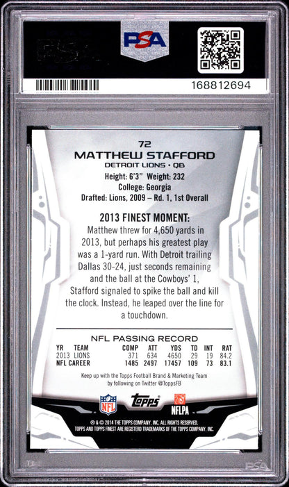 2014 FINEST 72 MATTHEW STAFFORD REFRACTOR PSA 10