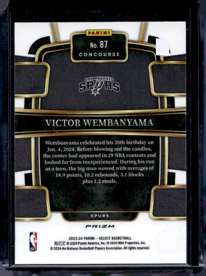 2023/24 Panini Select Victor Wembanyama #87 Rookie Green Shock Prizm