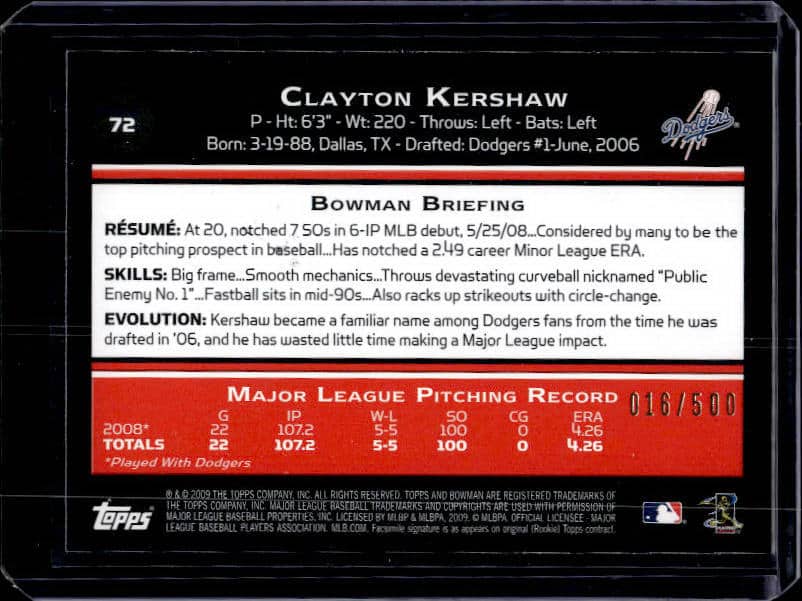 2009 Bowman Clayton Kershaw #72 Blue /500