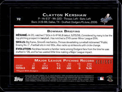 2009 Bowman Clayton Kershaw #72 Blue /500