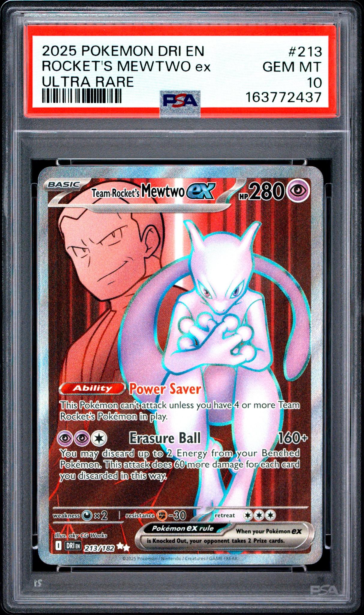 2025 POKEMON DRI EN-DESTINED RIVALS 213 TEAM ROCKET'S MEWTWO EX ULTRA RARE PSA 10